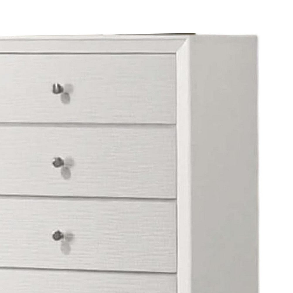 Benjara Tory Tall Dresser Chest, 5 Drawers w Bronze Knobs, Textured White Wood