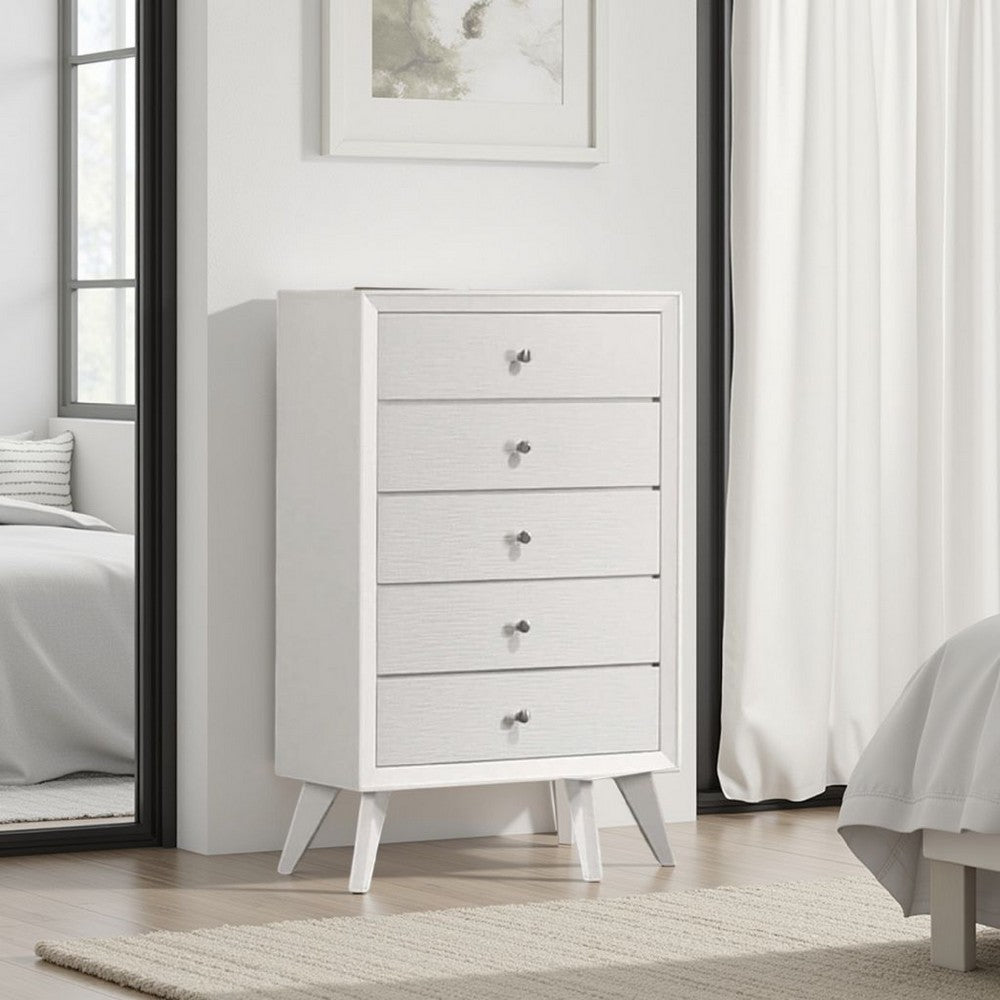 Benjara Tory Tall Dresser Chest, 5 Drawers w Bronze Knobs, Textured White Wood