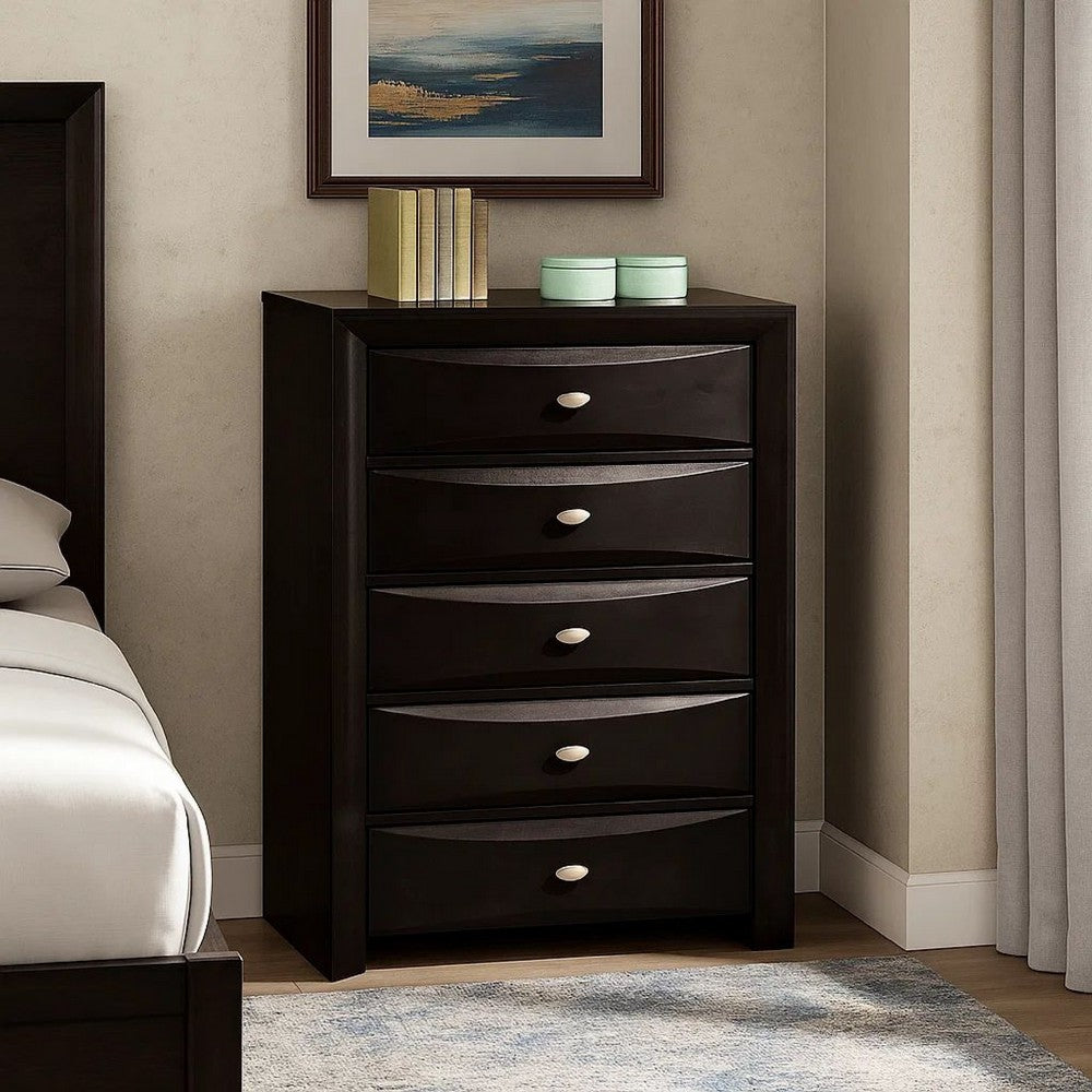 Benjara Simo Tall Dresser Chest, 5 Drawers, Chrome Handles, Modern Black Wood