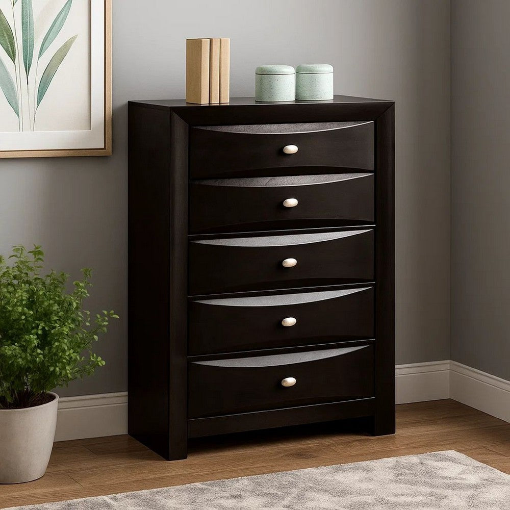 Benjara Simo Tall Dresser Chest, 5 Drawers, Chrome Handles, Modern Black Wood