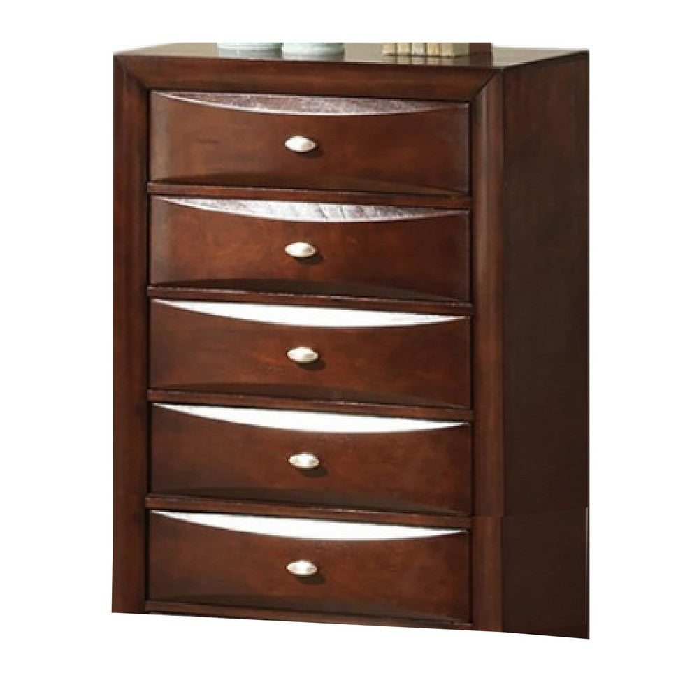 Benjara Simo Tall Dresser Chest, 5 Drawers Chrome Handles, Modern Cherry Brown