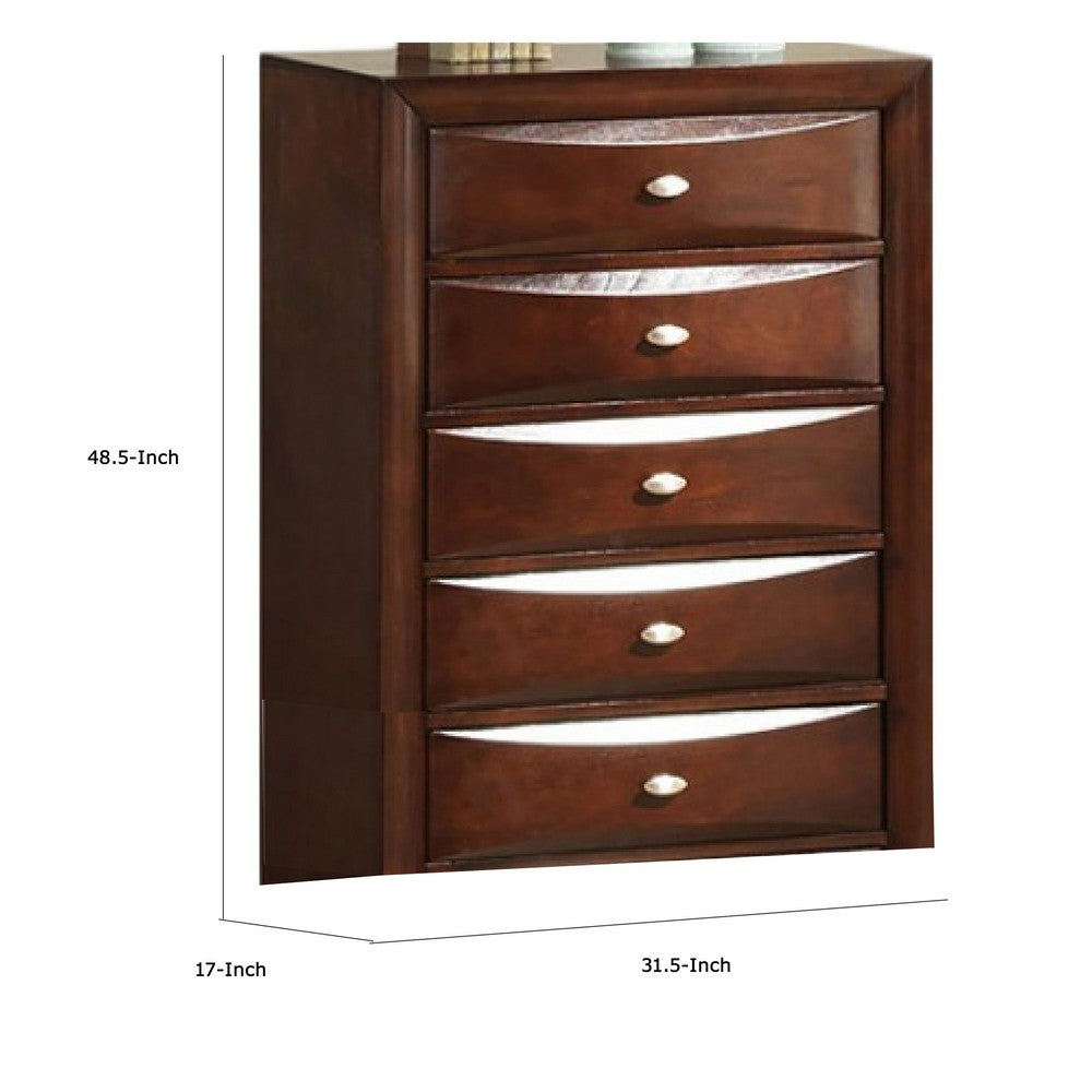 Benjara Simo Tall Dresser Chest, 5 Drawers Chrome Handles, Modern Cherry Brown
