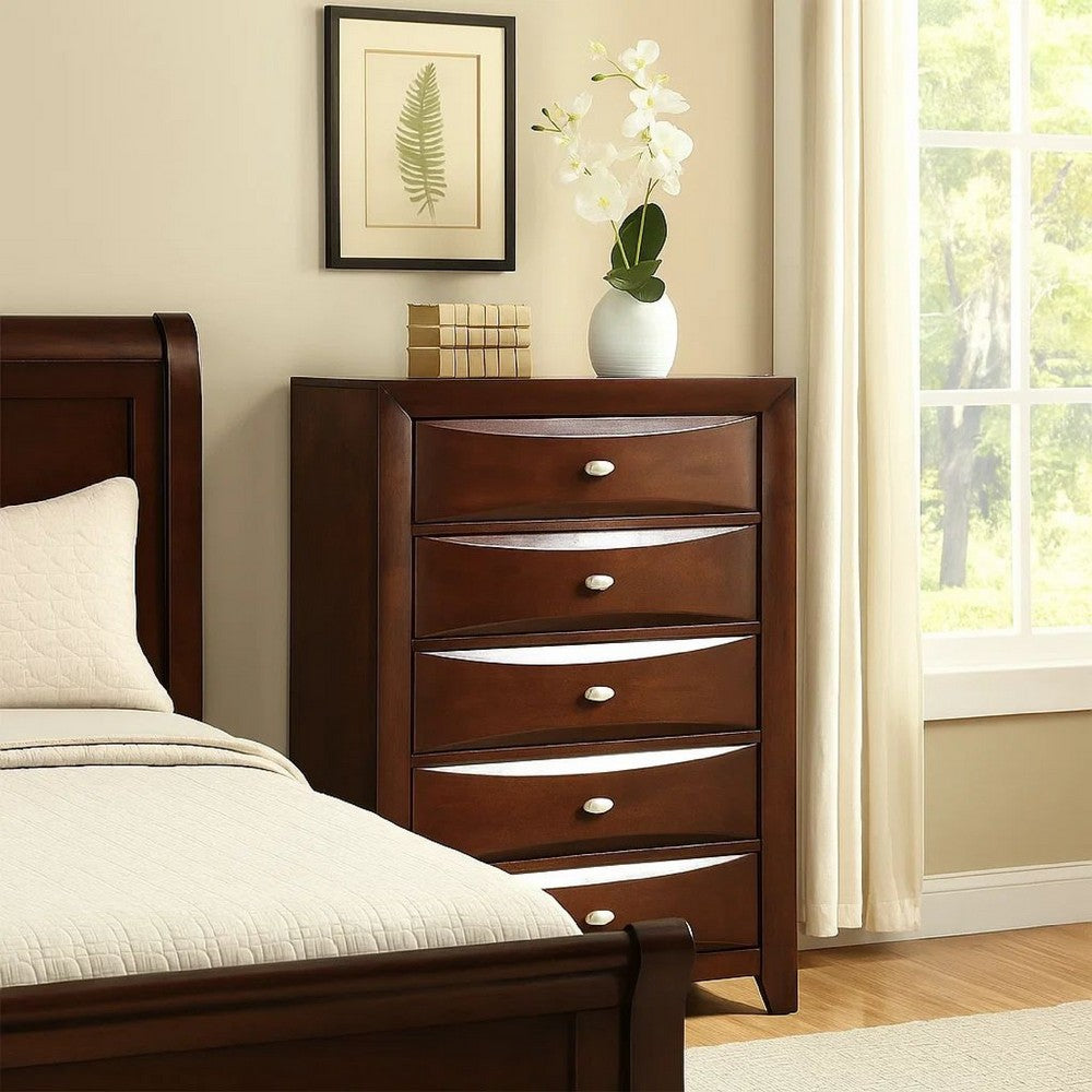 Benjara Simo Tall Dresser Chest, 5 Drawers Chrome Handles, Modern Cherry Brown