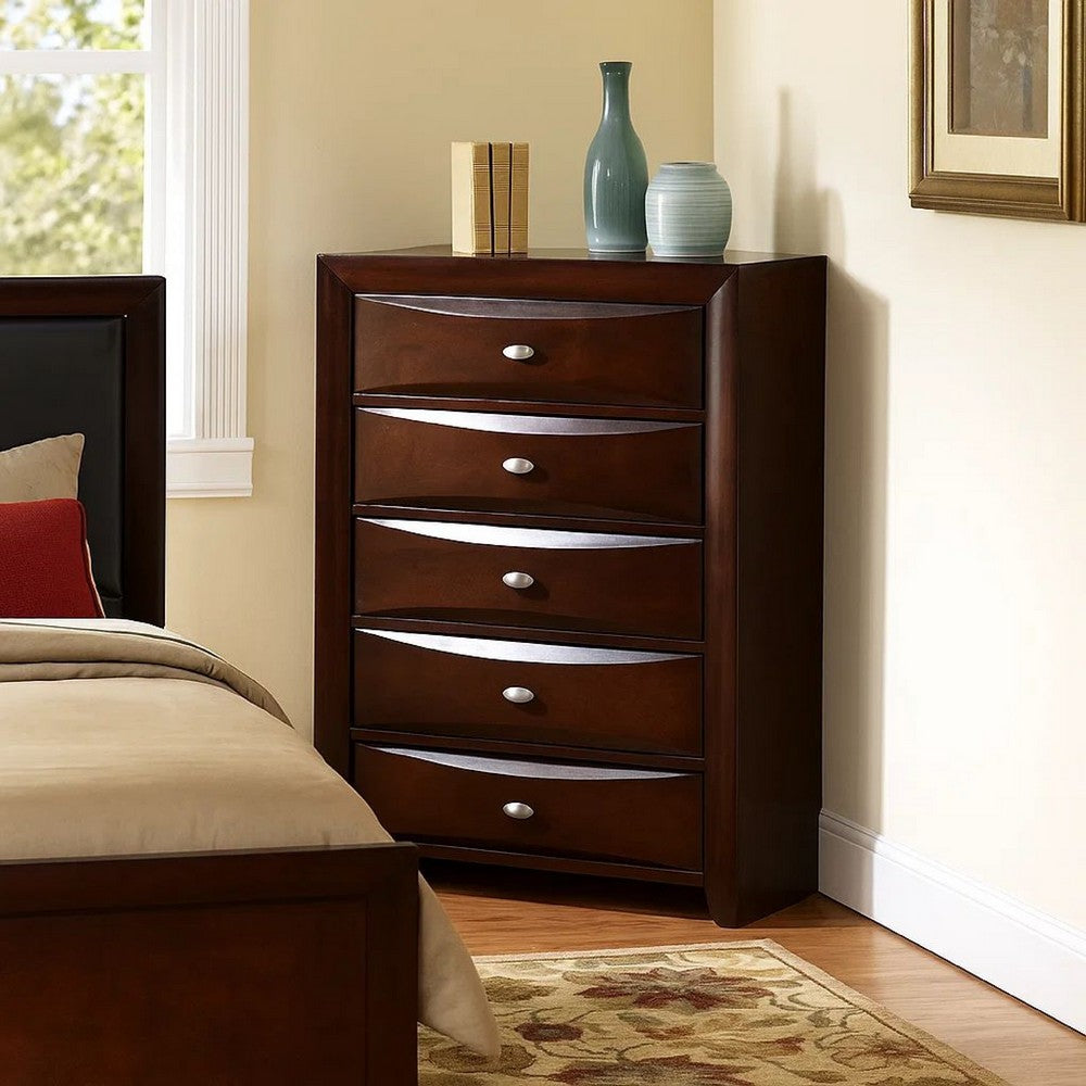 Benjara Simo Tall Dresser Chest, 5 Drawers Chrome Handles, Modern Cherry Brown