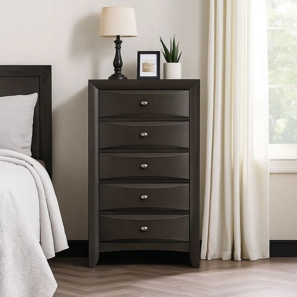 Benjara Simo Tall Dresser Chest, 5 Drawers, Chrome Handles, Modern Dark Gray
