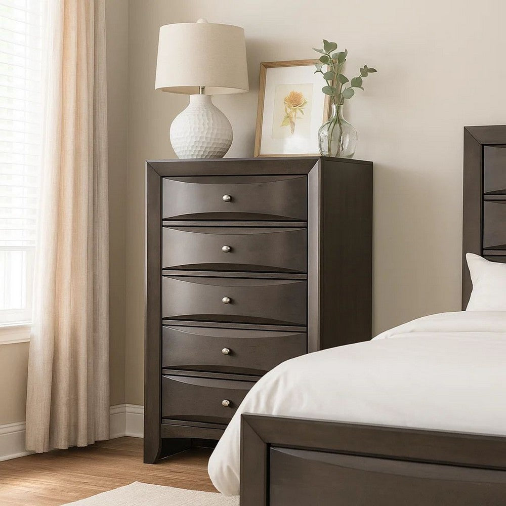 Benjara Simo Tall Dresser Chest, 5 Drawers, Chrome Handles, Modern Dark Gray