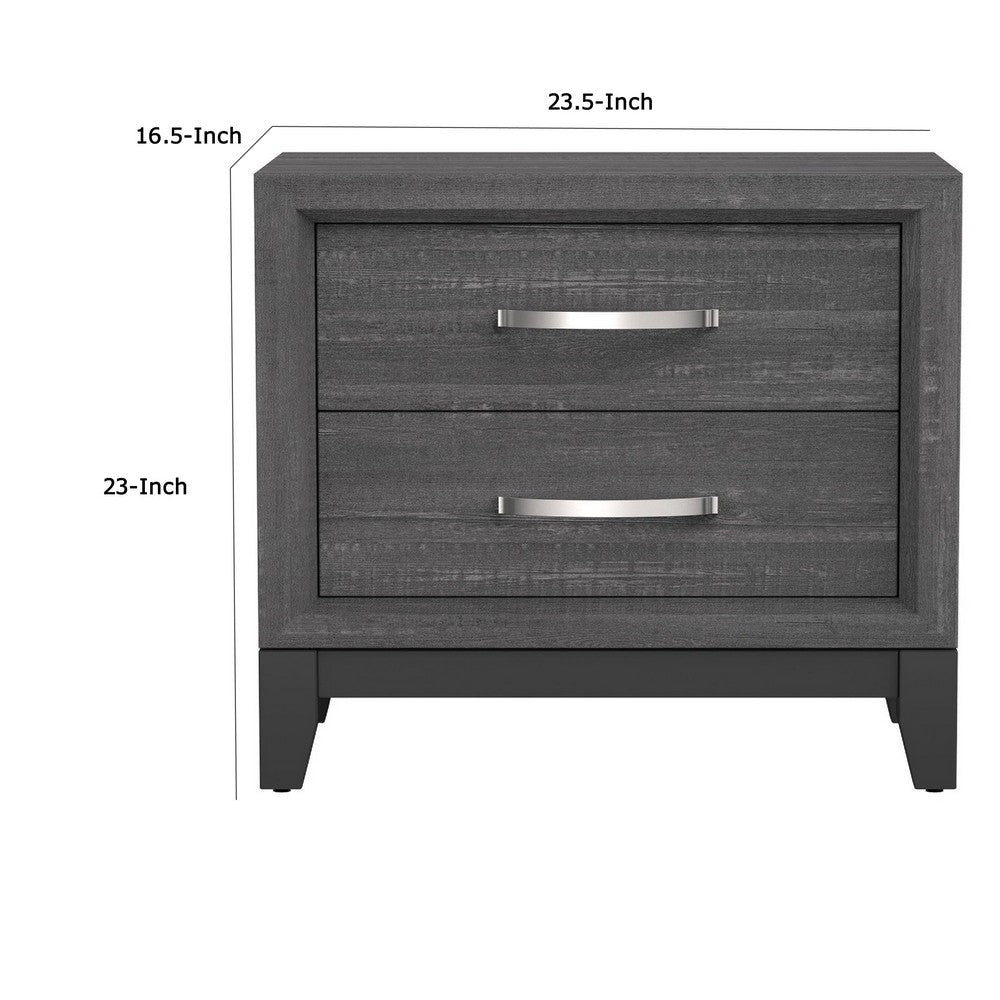 Benjara Erica Bedside Nightstand, 2 Drawers Chrome Bar Handles, Gray Wood
