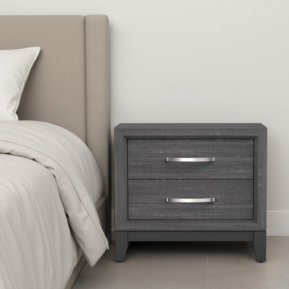 Benjara Erica Bedside Nightstand, 2 Drawers Chrome Bar Handles, Gray Wood