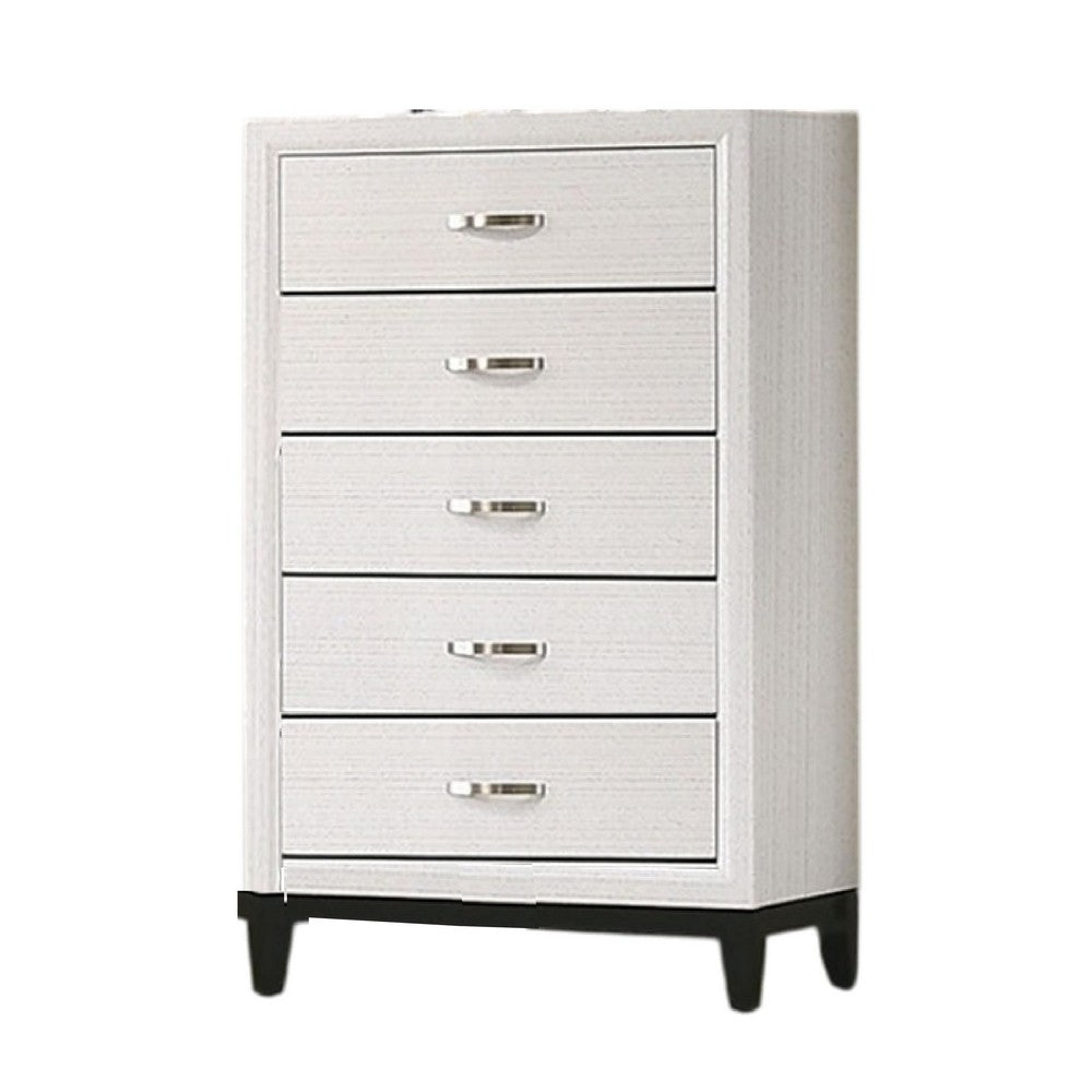 Benjara Erica Tall Dresser Chest, 5 Drawers Chrome Bar Handles, White Wood