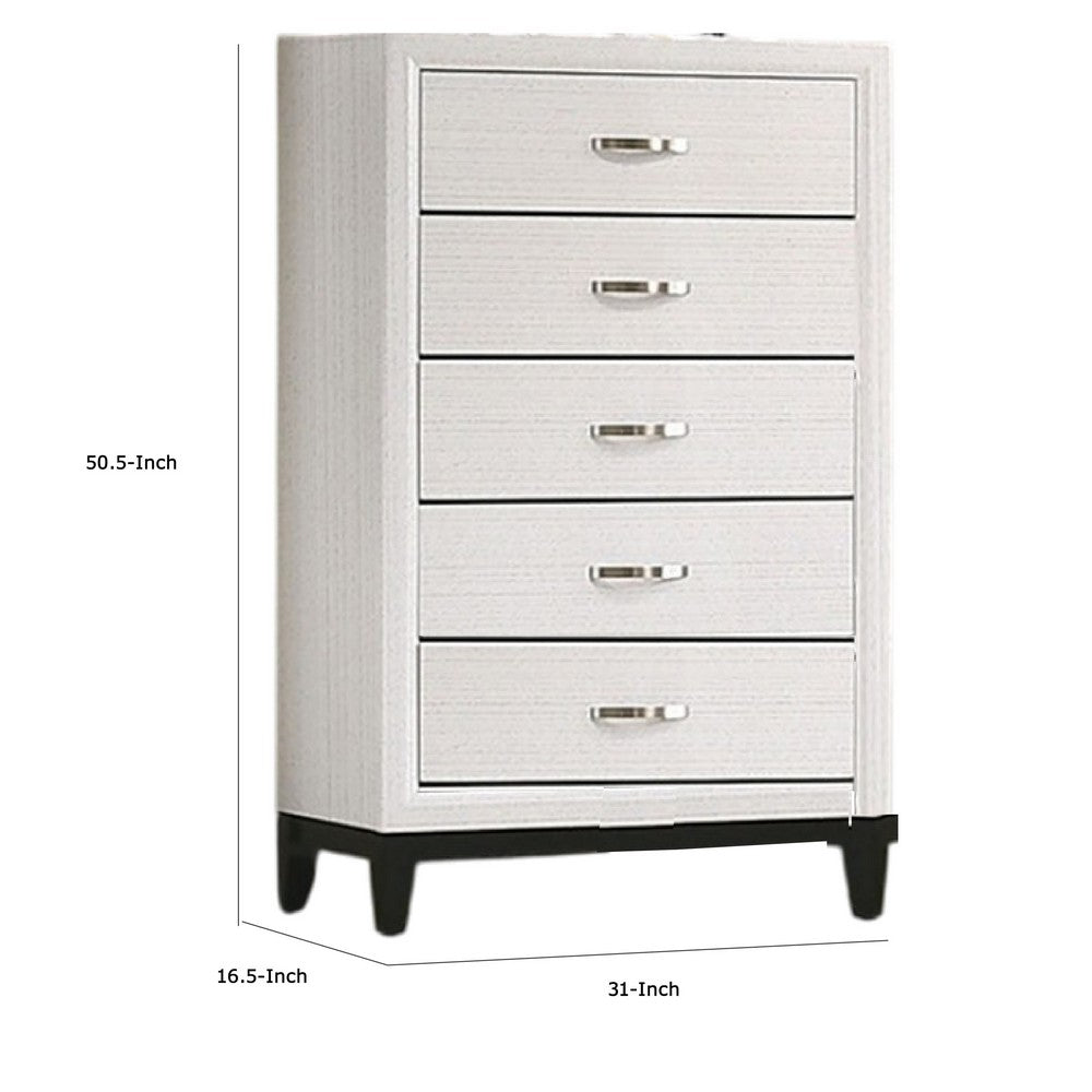 Benjara Erica Tall Dresser Chest, 5 Drawers Chrome Bar Handles, White Wood