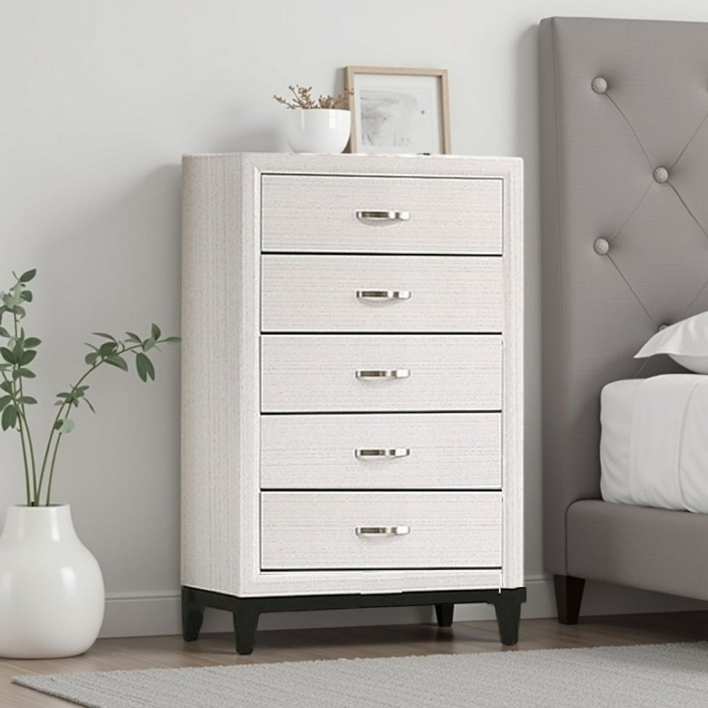 Benjara Erica Tall Dresser Chest, 5 Drawers Chrome Bar Handles, White Wood