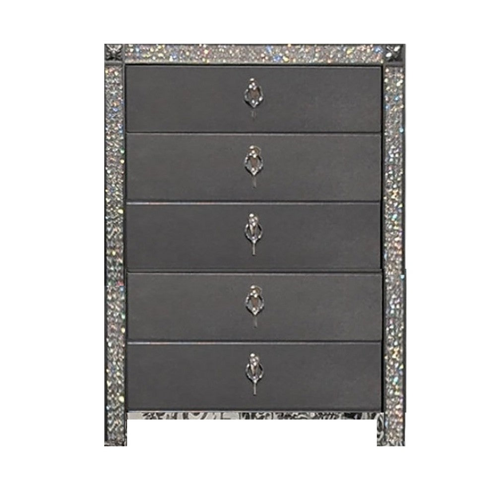 Benjara Laine Tall Dresser Chest, 5 Drawers, Crystal Trim, Gray Solid Wood