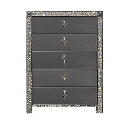 Benjara Laine Tall Dresser Chest, 5 Drawers, Crystal Trim, Gray Solid Wood