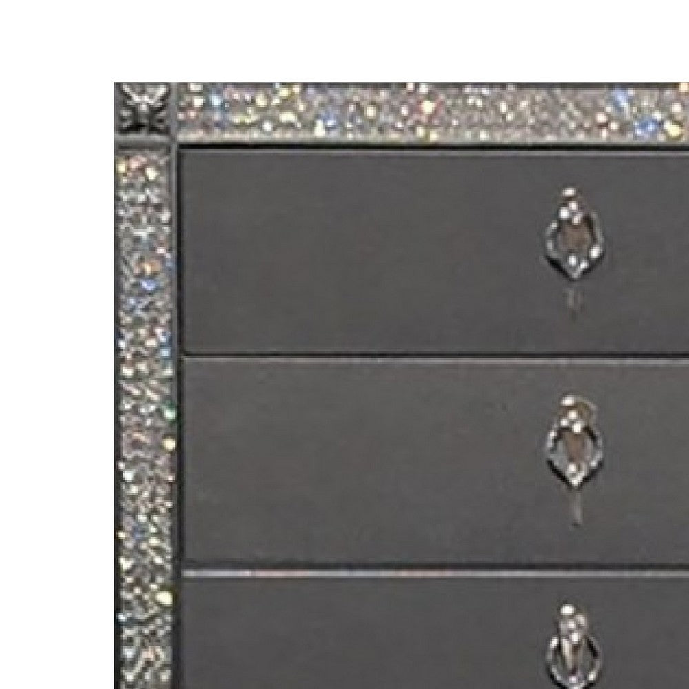 Benjara Laine Tall Dresser Chest, 5 Drawers, Crystal Trim, Gray Solid Wood