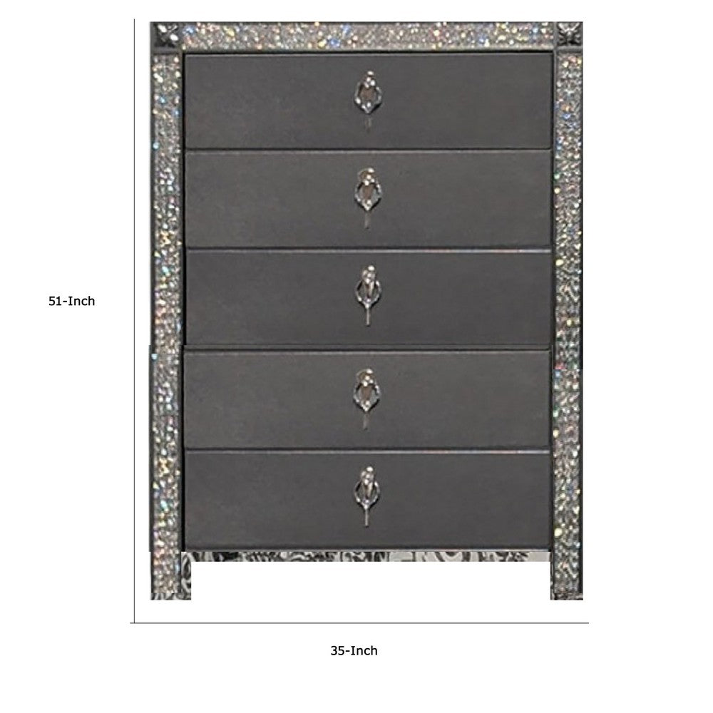 Benjara Laine Tall Dresser Chest, 5 Drawers, Crystal Trim, Gray Solid Wood