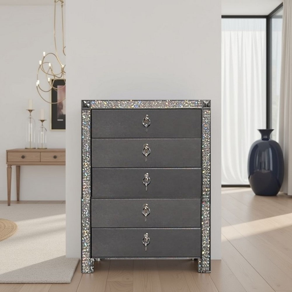 Benjara Laine Tall Dresser Chest, 5 Drawers, Crystal Trim, Gray Solid Wood