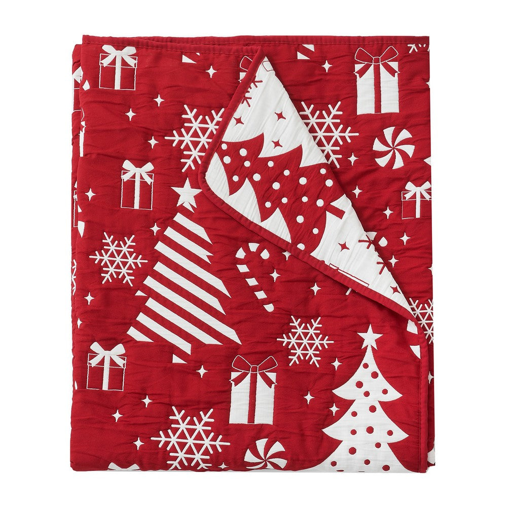 Benjara Daru Throw Blanket, 50x60, Christmas Theme, Red And White Polyester