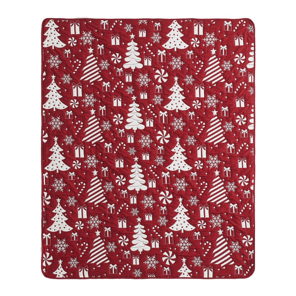 Benjara Daru Throw Blanket, 50x60, Christmas Theme, Red And White Polyester