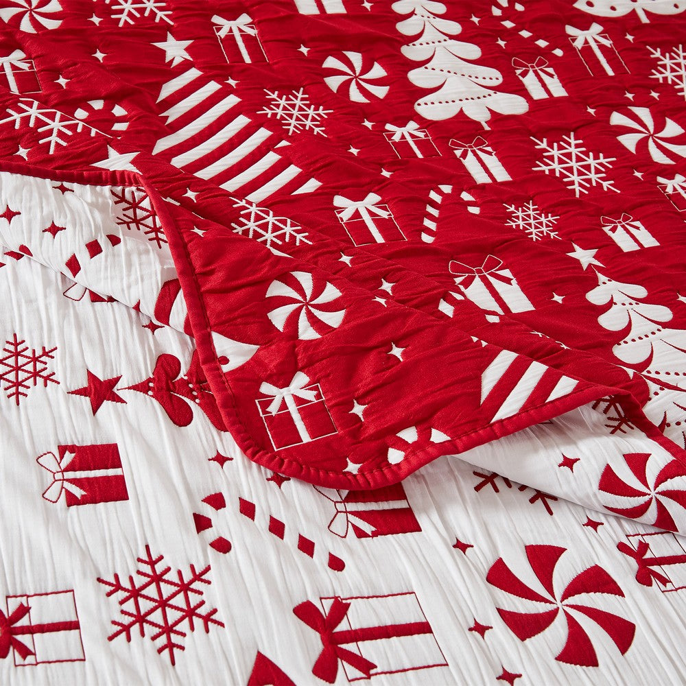 Benjara Daru Throw Blanket, 50x60, Christmas Theme, Red And White Polyester