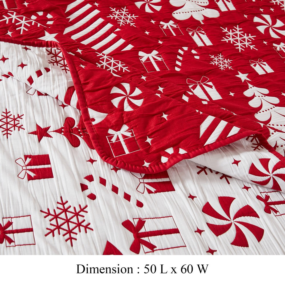 Benjara Daru Throw Blanket, 50x60, Christmas Theme, Red And White Polyester