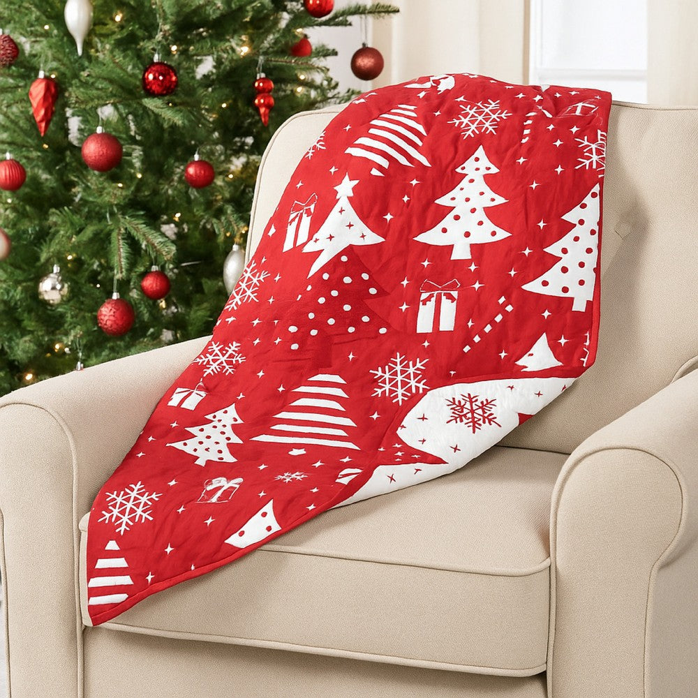 Benjara Daru Throw Blanket, 50x60, Christmas Theme, Red And White Polyester