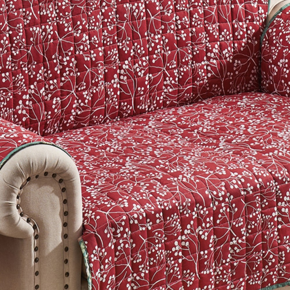Benjara Lowa Loveseat Slipcover, Reversible Polyester, Green Red Festive Theme