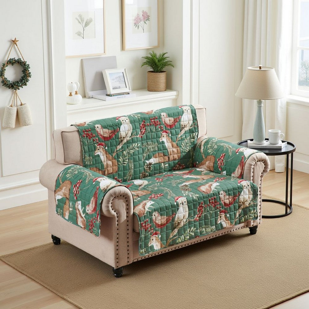 Benjara Lowa Loveseat Slipcover, Reversible Polyester, Green Red Festive Theme