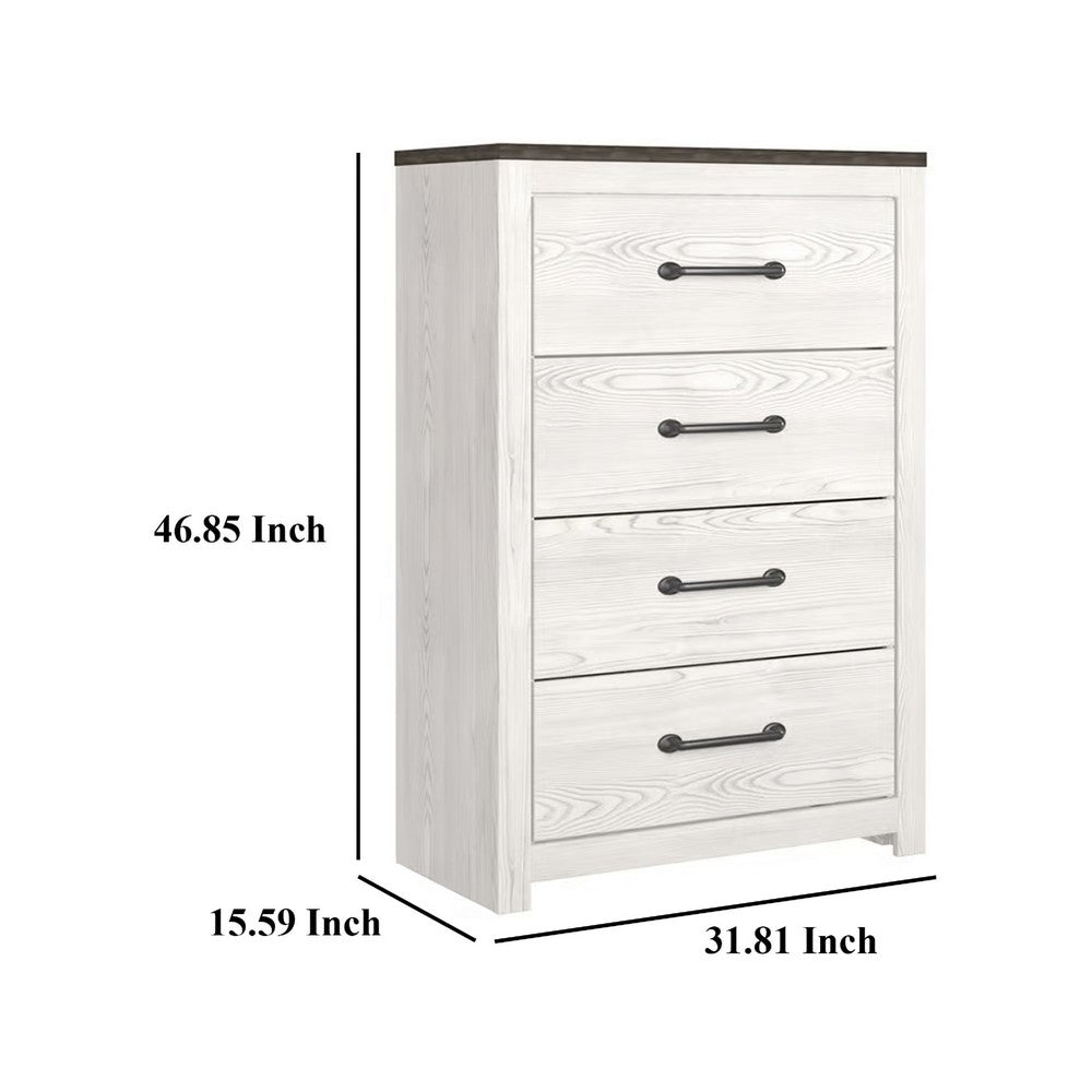 Benjara Hara Tall Dresser Chest, 4 Drawers Metal Handles, Farmhouse White Gray