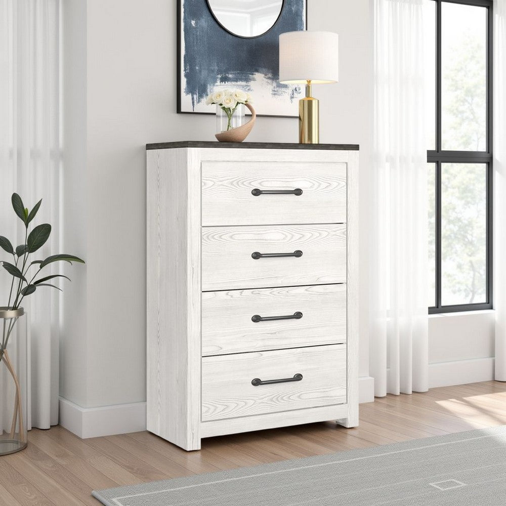 Benjara Hara Tall Dresser Chest, 4 Drawers Metal Handles, Farmhouse White Gray