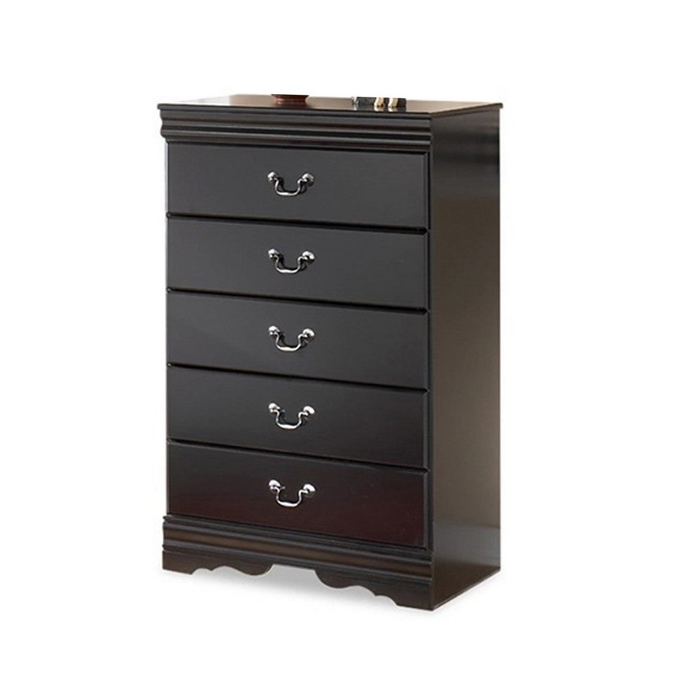 Benjara Yara Tall Dresser Chest, Classic Black, 5 Drawers Pewter Metal Handles