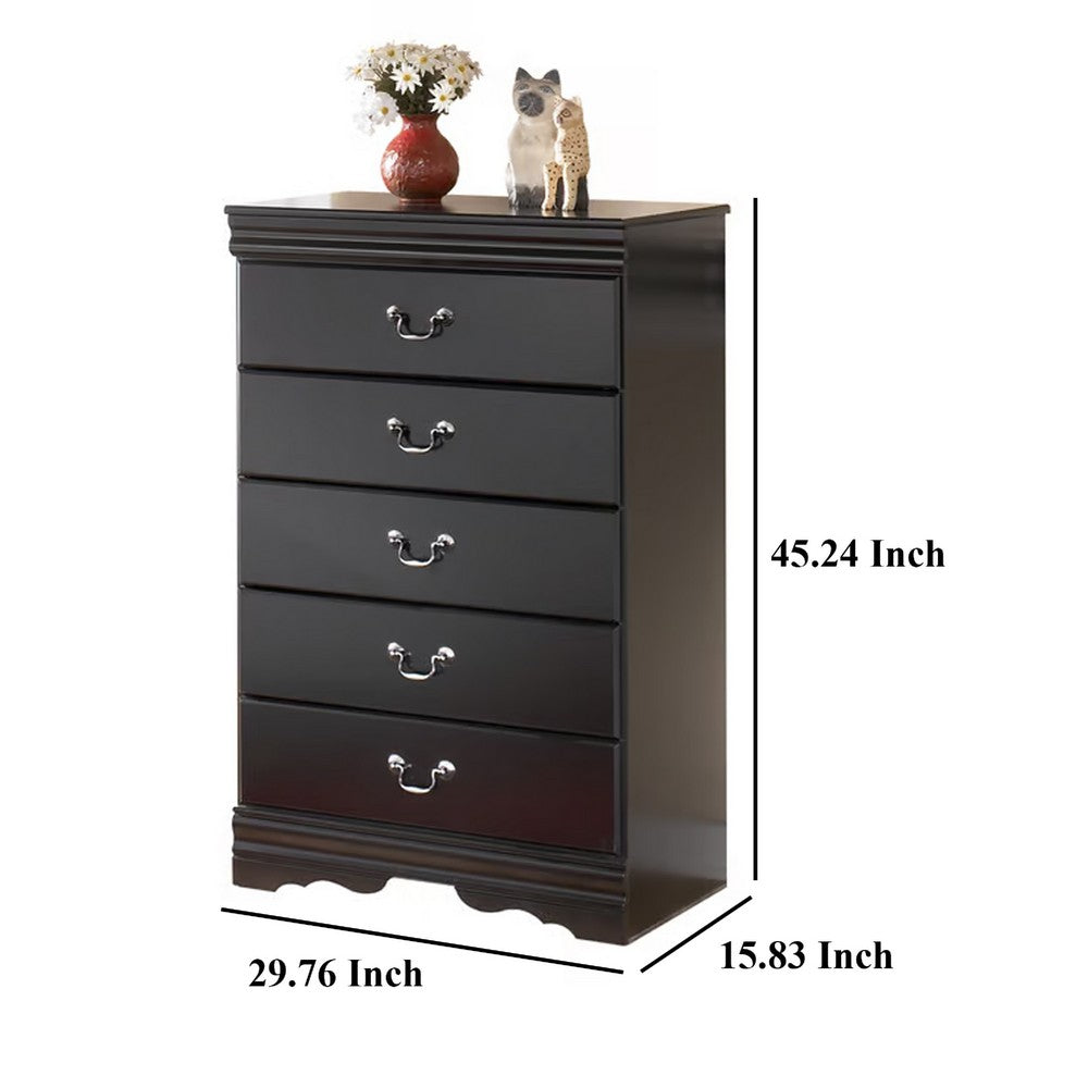 Benjara Yara Tall Dresser Chest, Classic Black, 5 Drawers Pewter Metal Handles