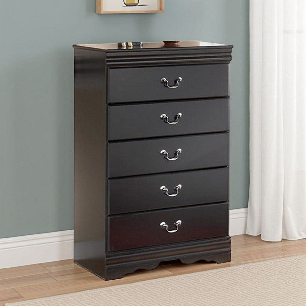 Benjara Yara Tall Dresser Chest, Classic Black, 5 Drawers Pewter Metal Handles