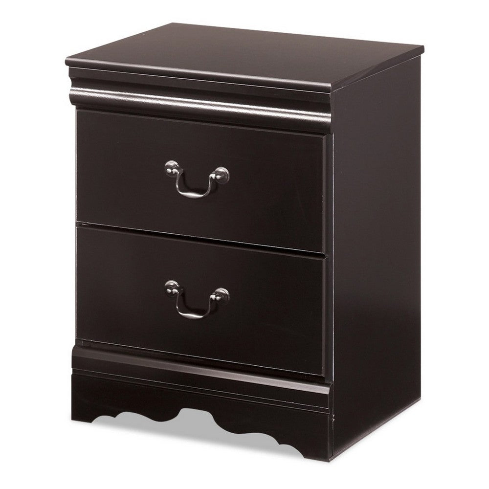 Benjara Yara Nightstand, Classic Black, 25 Inch, 2 Drawers, Pewter Handles