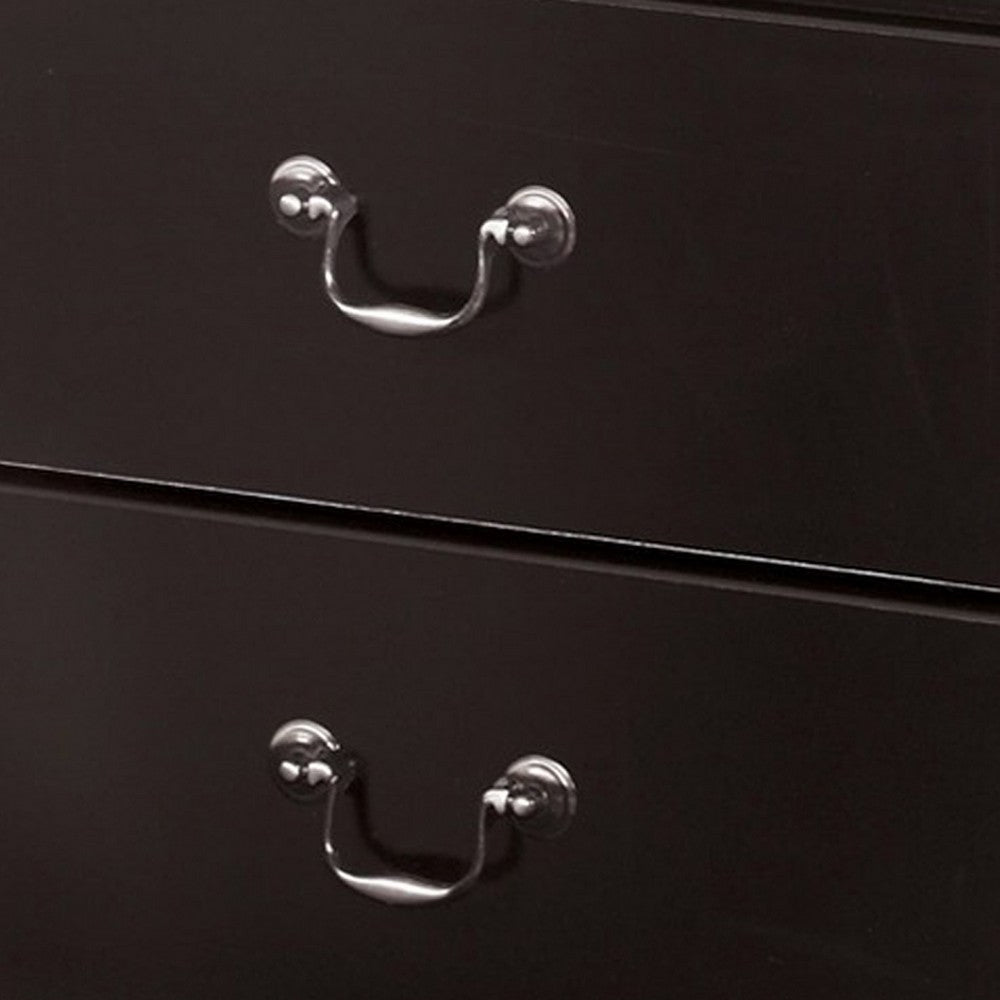 Benjara Yara Nightstand, Classic Black, 25 Inch, 2 Drawers, Pewter Handles