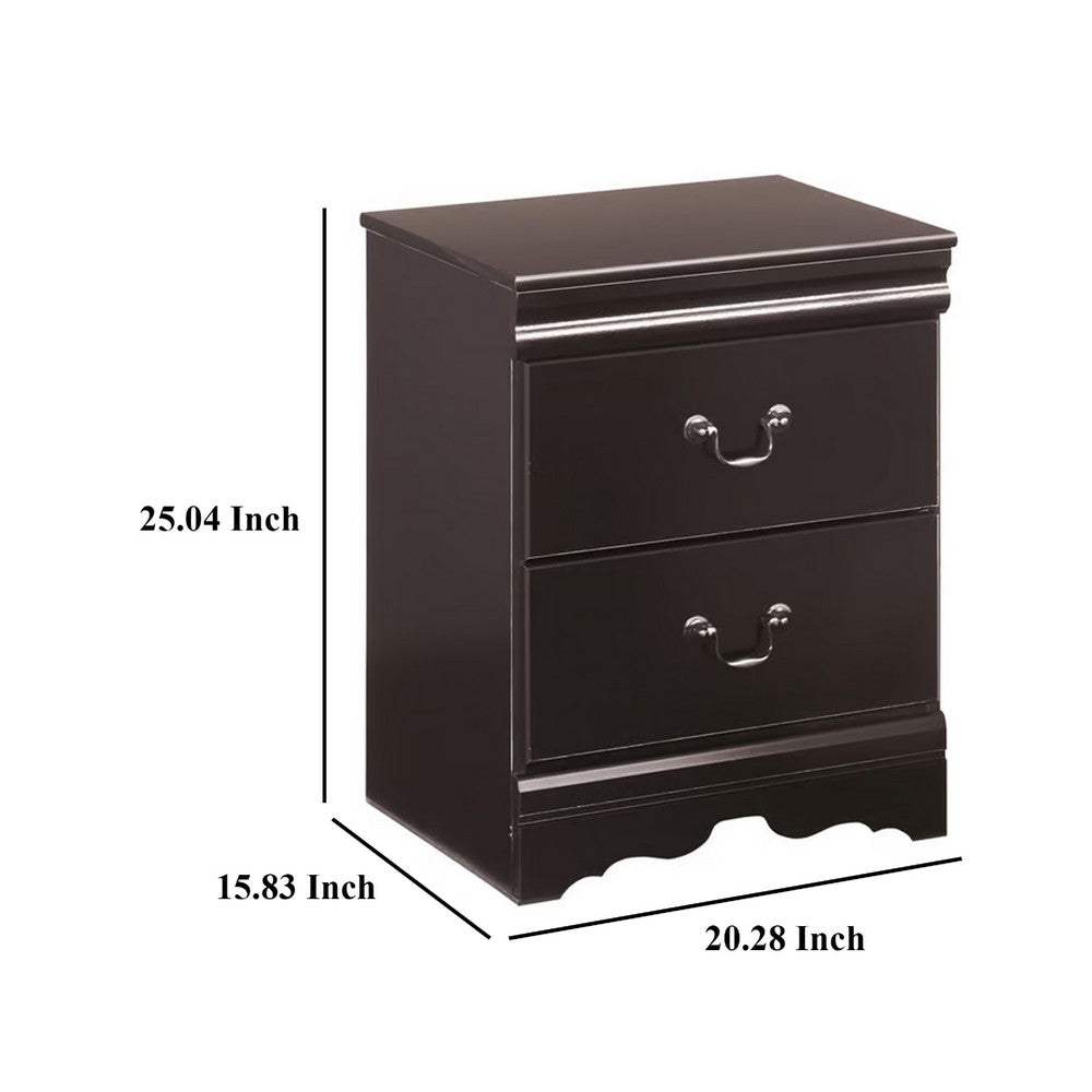 Benjara Yara Nightstand, Classic Black, 25 Inch, 2 Drawers, Pewter Handles