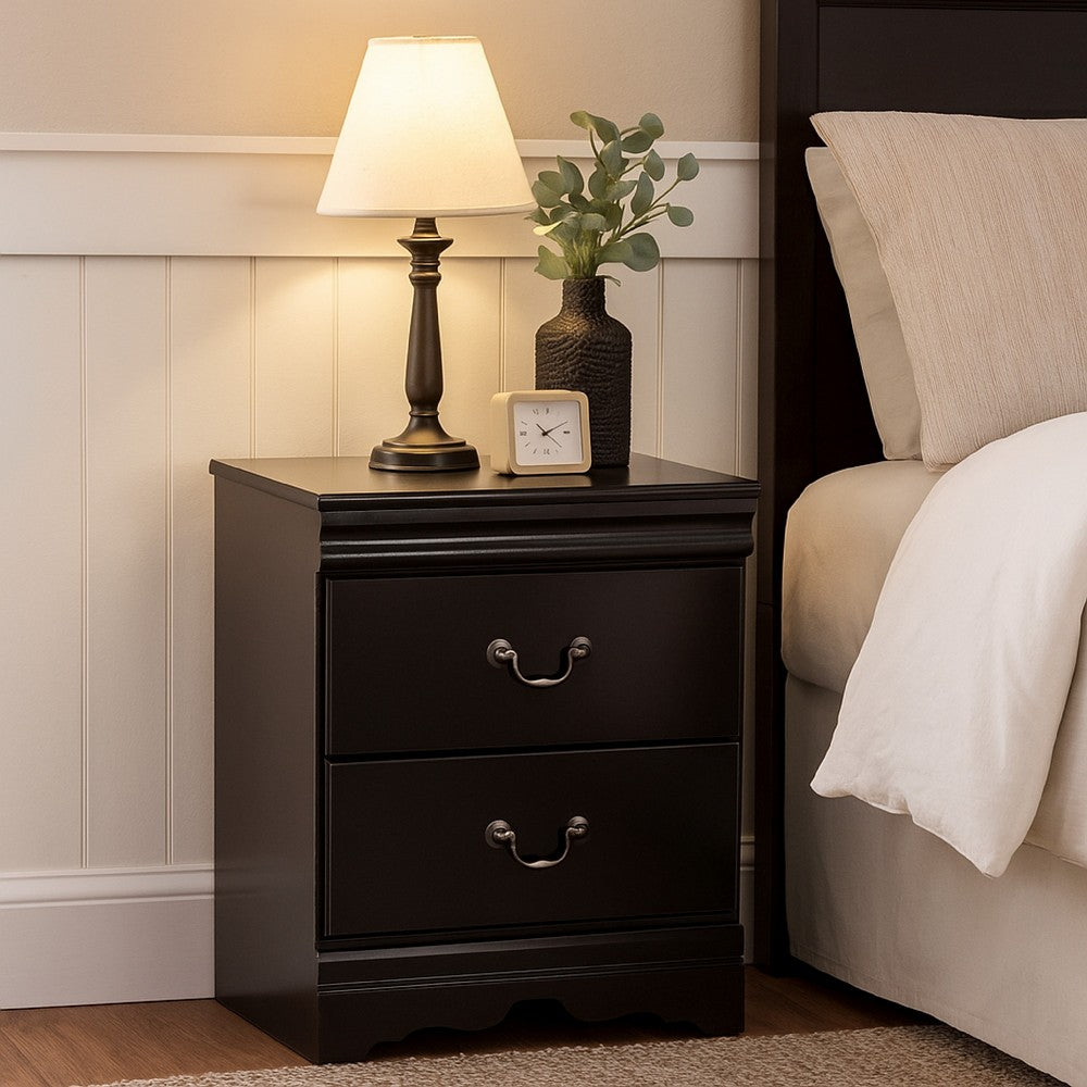 Benjara Yara Nightstand, Classic Black, 25 Inch, 2 Drawers, Pewter Handles