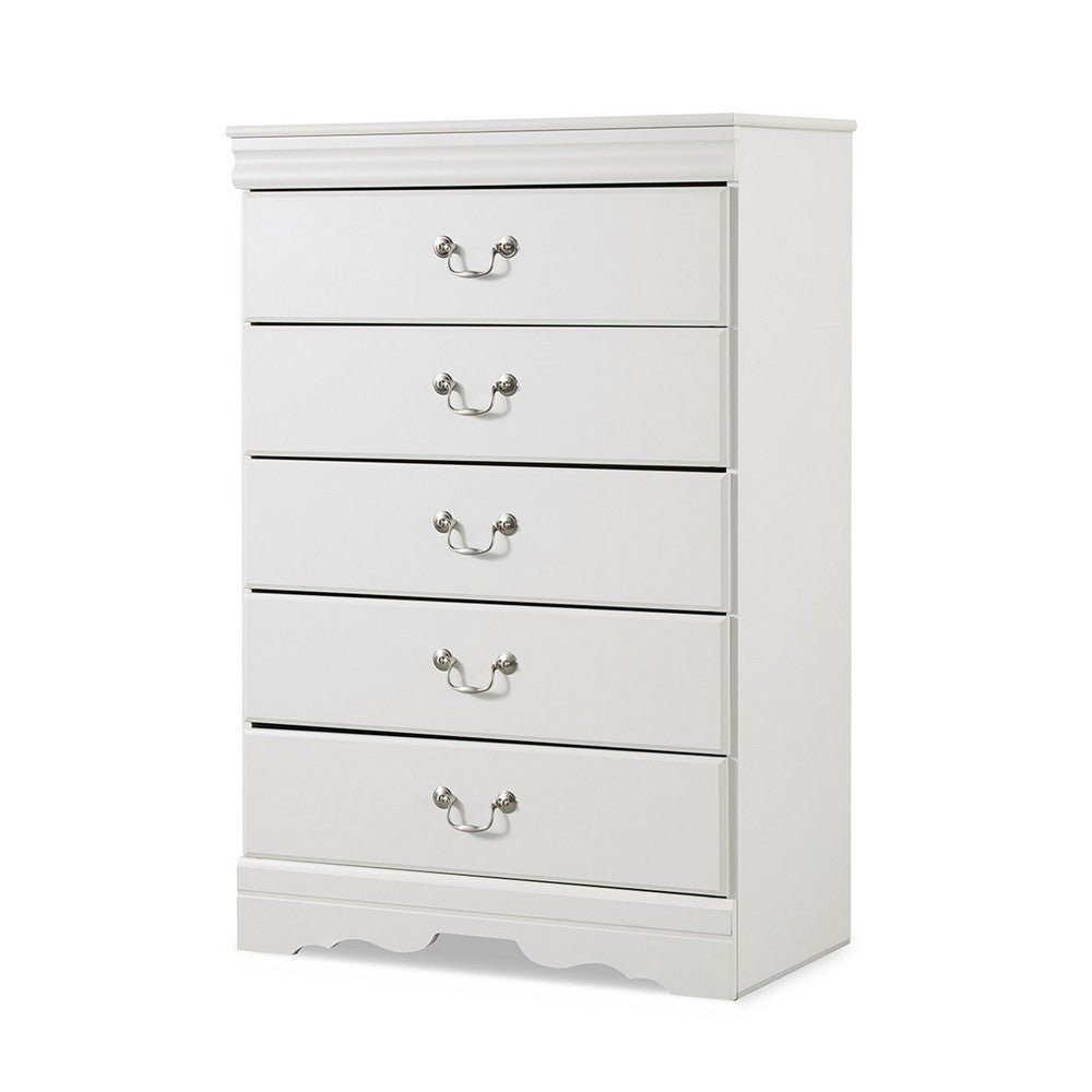 Benjara Roso Tall Dresser Chest, Classic White, 5 Drawers Pewter Metal Handles