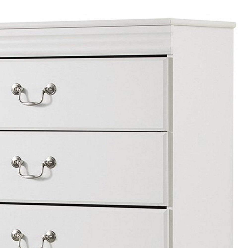 Benjara Roso Tall Dresser Chest, Classic White, 5 Drawers Pewter Metal Handles