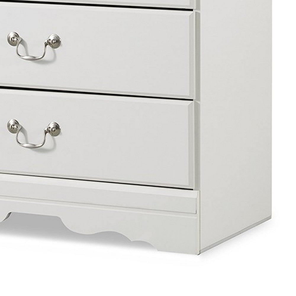 Benjara Roso Tall Dresser Chest, Classic White, 5 Drawers Pewter Metal Handles