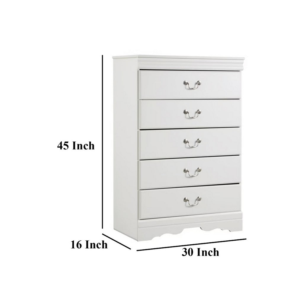 Benjara Roso Tall Dresser Chest, Classic White, 5 Drawers Pewter Metal Handles