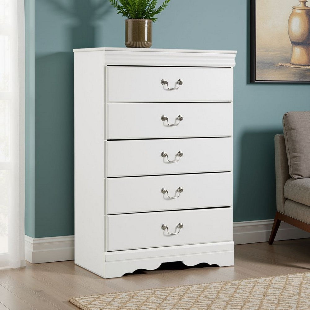 Benjara Roso Tall Dresser Chest, Classic White, 5 Drawers Pewter Metal Handles