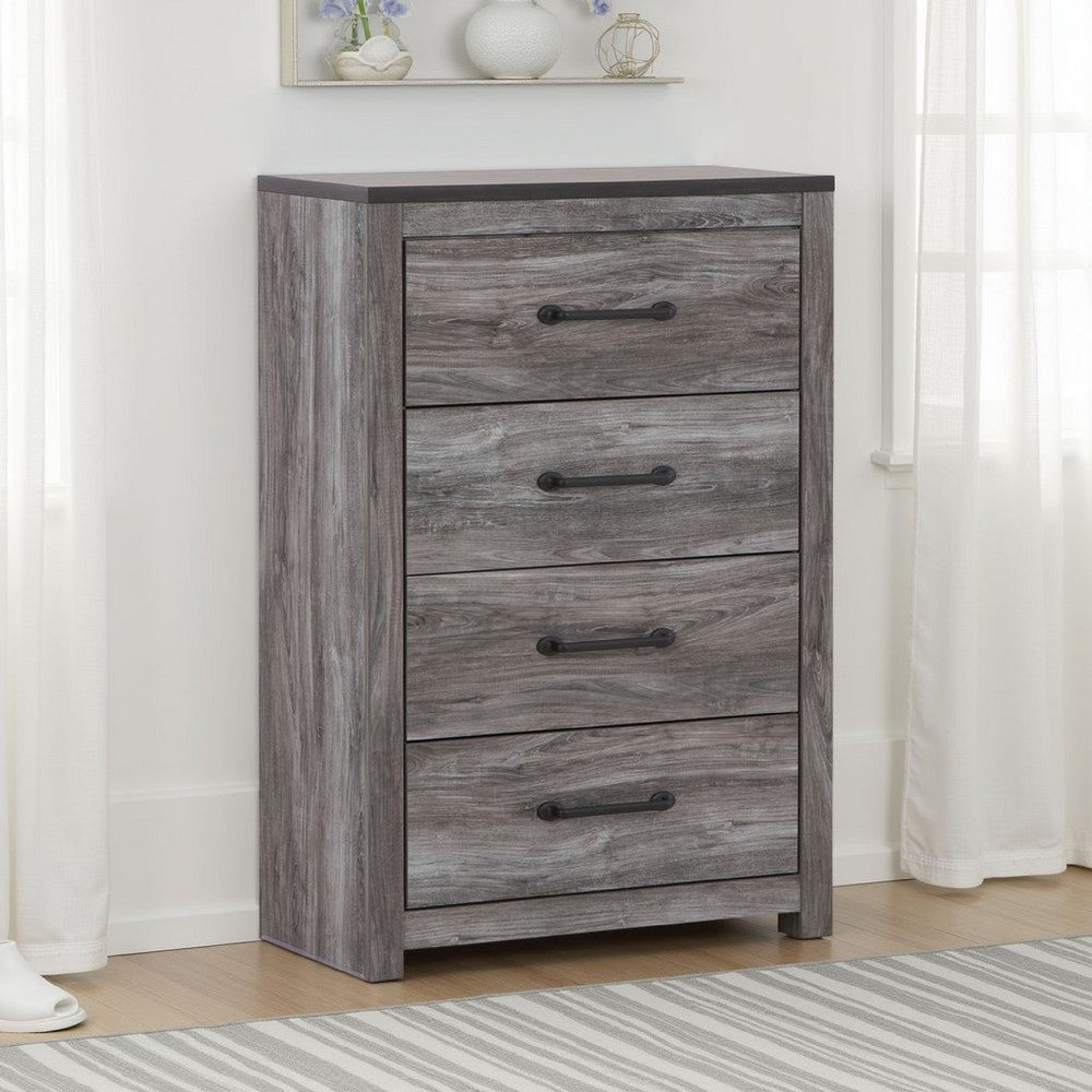 Benjara Bono Tall Dresser Chest, 4 Storage Drawers, Wood Grain Gray Finish