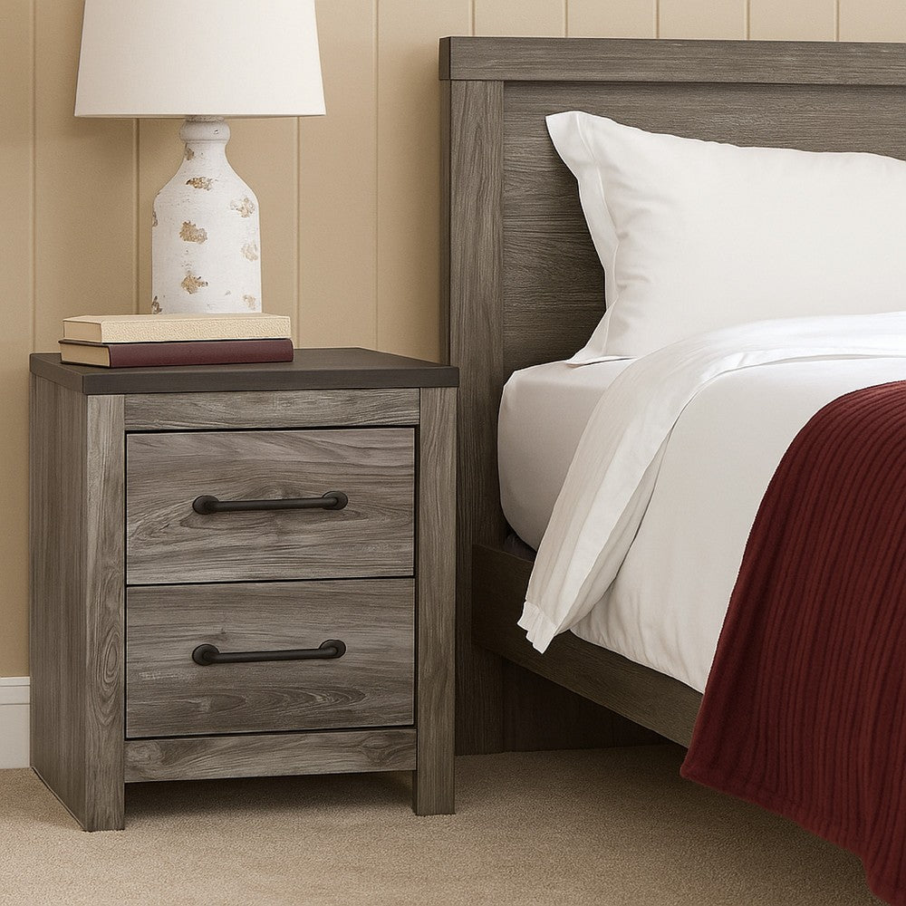 Benjara Bono Nightstand, 2 Storage Drawers, 25 Inch, Wood Grain Gray Finish