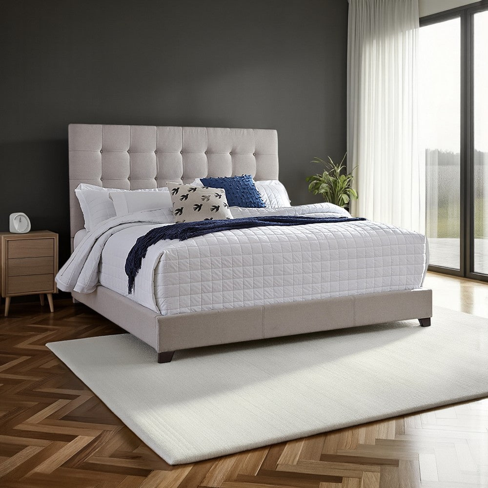 Benjara Fiji Queen Size Platform Bed | Deep Button Tufted Beige Upholstery | Low Profile