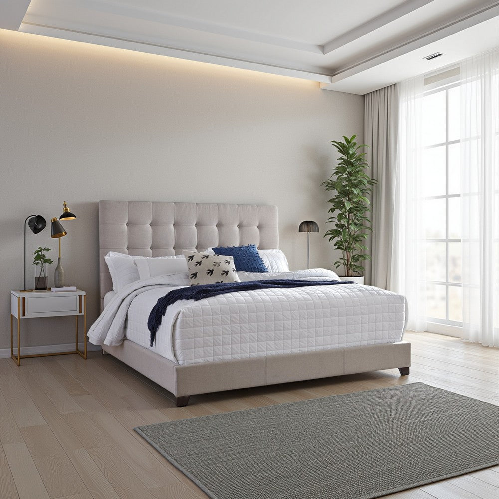 Benjara Fiji Queen Size Platform Bed | Deep Button Tufted Beige Upholstery | Low Profile
