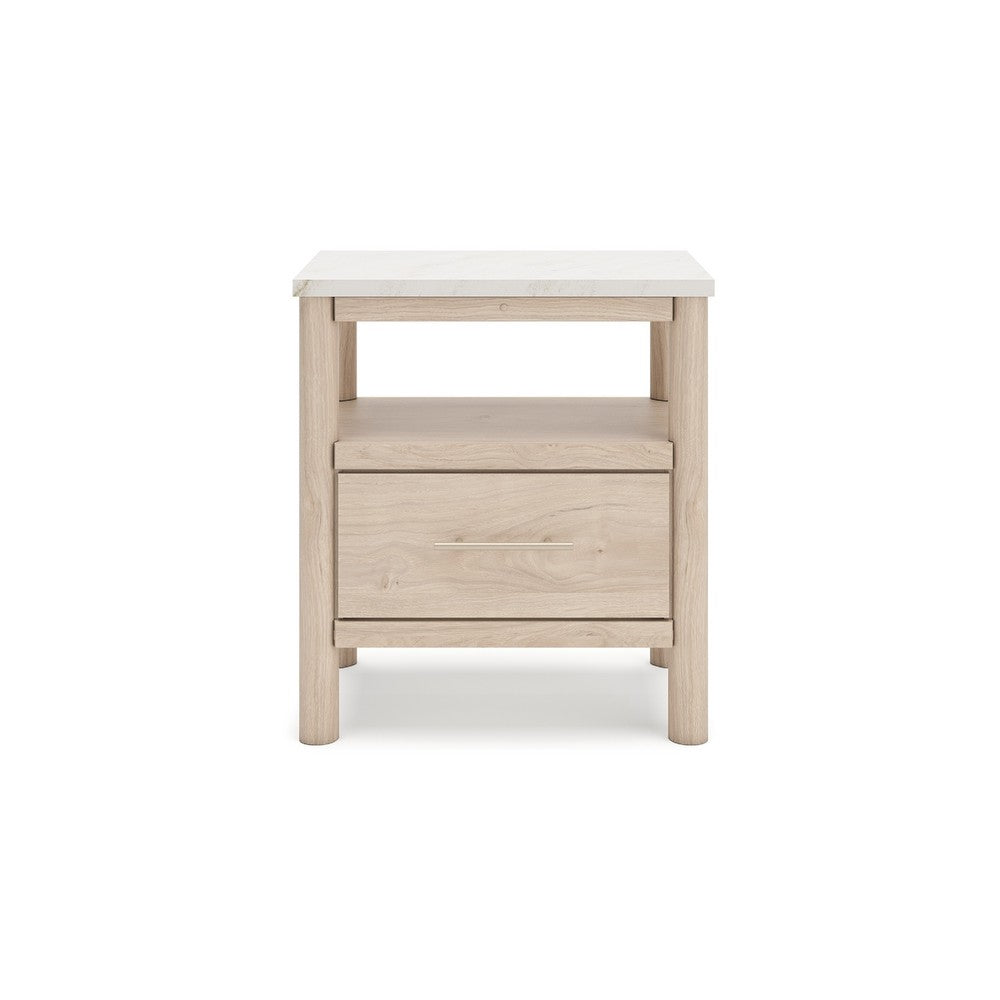 Benjara Mooran Nightstand, 1 Drawer w USB-C, Marble Finish Top, Brown Beige