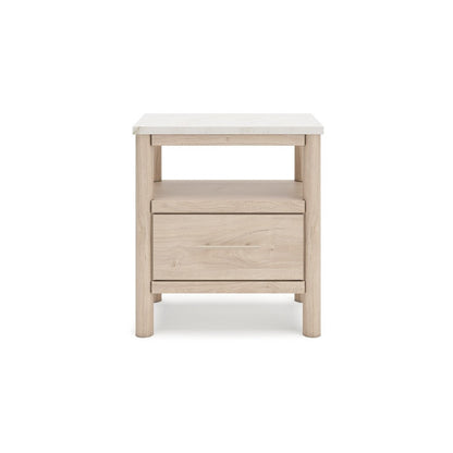 Benjara Mooran Nightstand, 1 Drawer w USB-C, Marble Finish Top, Brown Beige