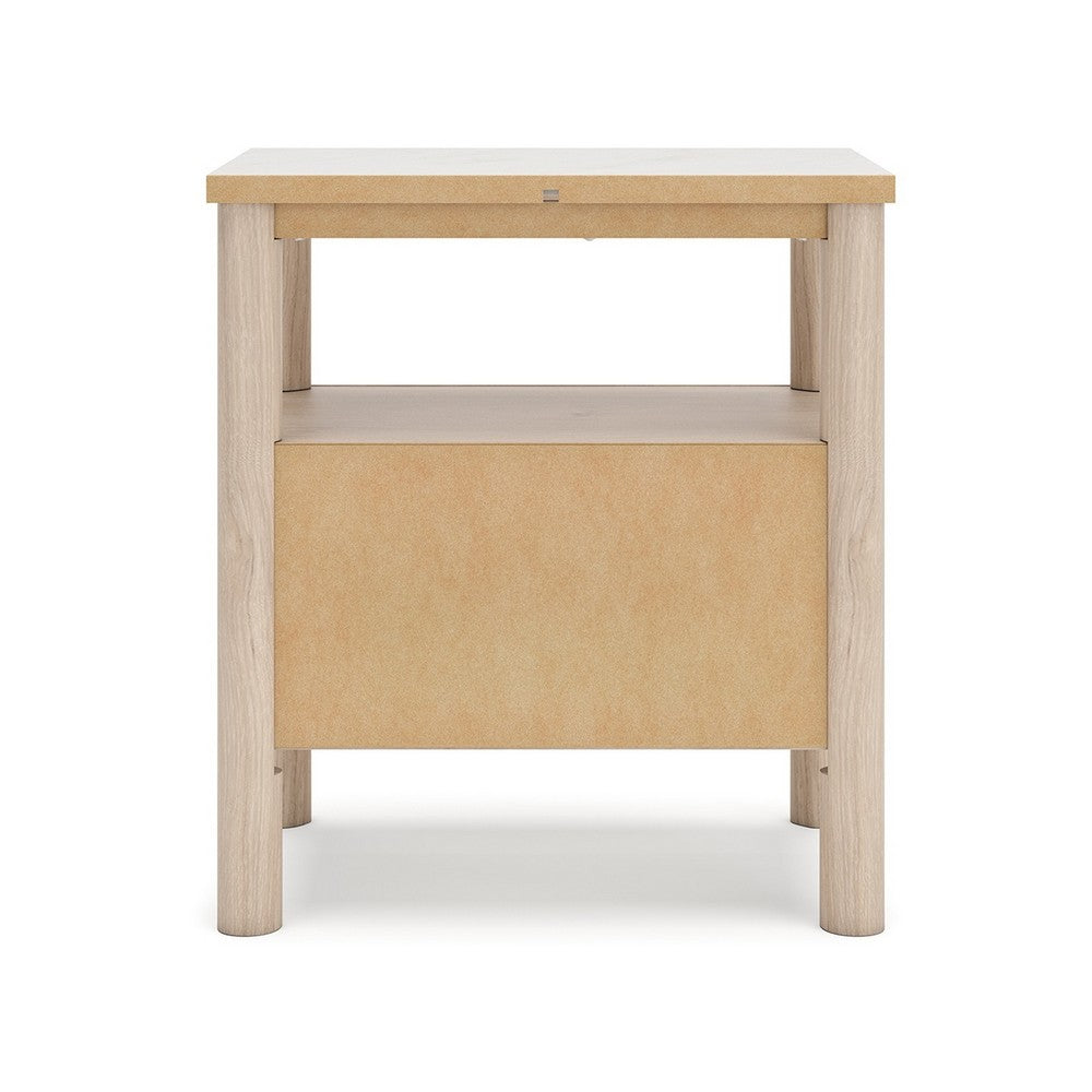 Benjara Mooran Nightstand, 1 Drawer w USB-C, Marble Finish Top, Brown Beige