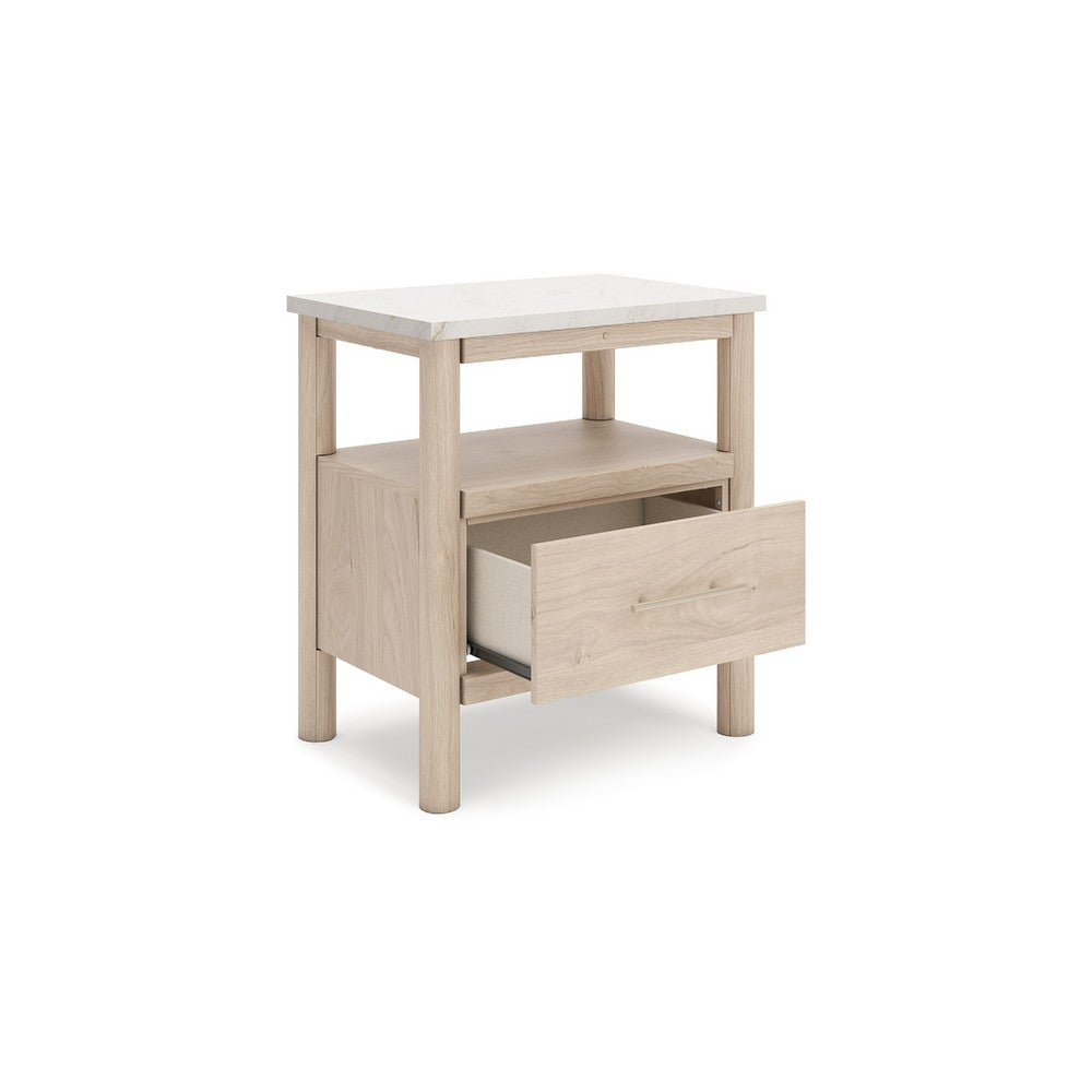 Benjara Mooran Nightstand, 1 Drawer w USB-C, Marble Finish Top, Brown Beige
