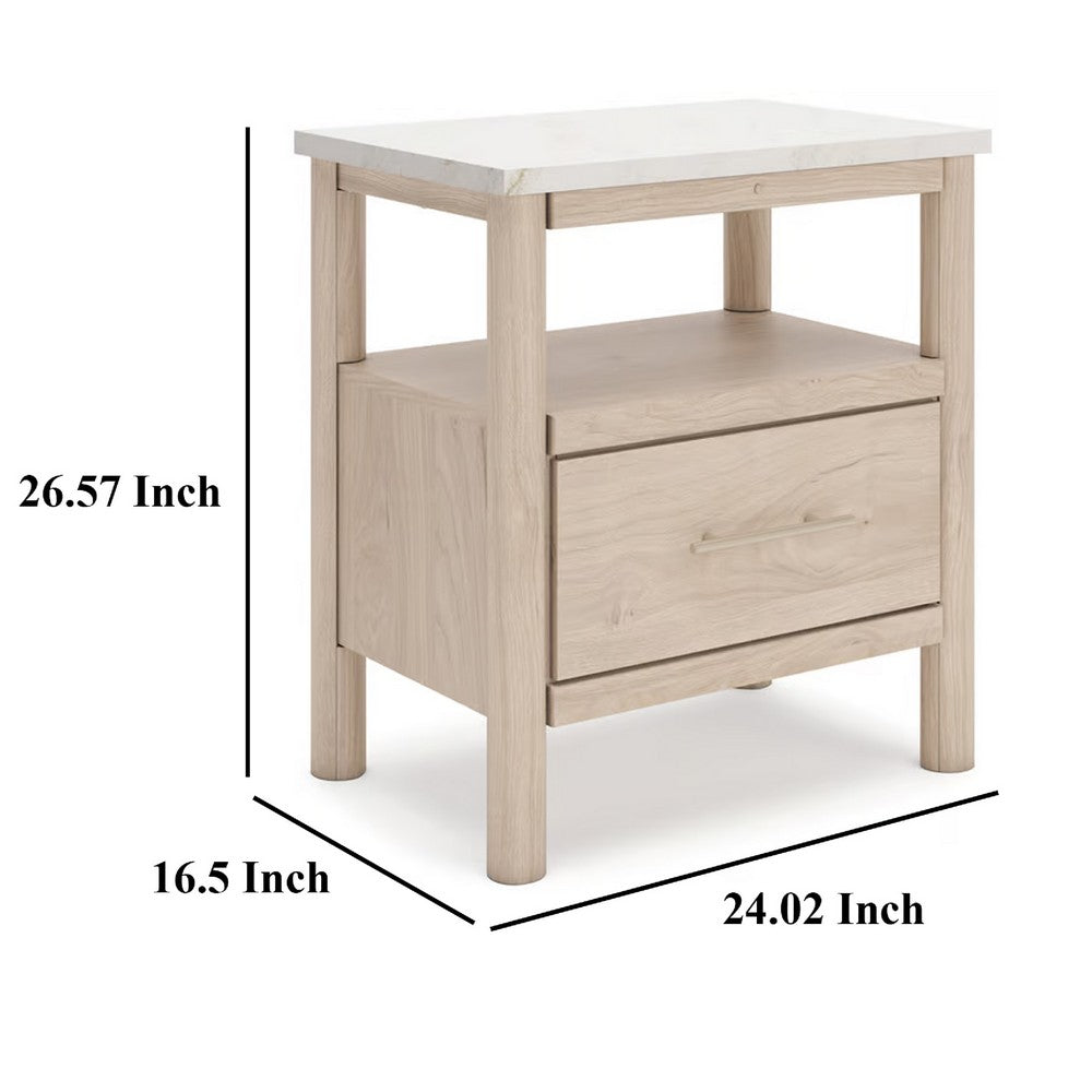 Benjara Mooran Nightstand, 1 Drawer w USB-C, Marble Finish Top, Brown Beige